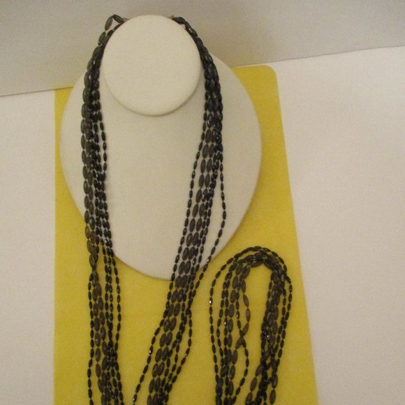 49.5" 6 STRAND Beaded Necklace FACETED Oval LUCITE Black & Clear Gray - Picture 2 of 9
